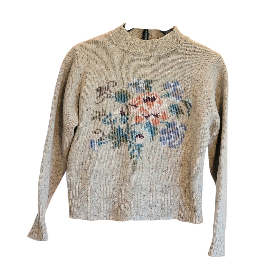 Laura Ashley Vintage 100% Wool Cable Knit Sweater Beige Marl Womens Small - Picture 2 of 16